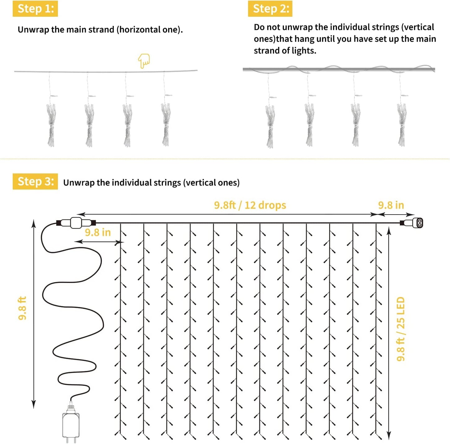 Hanging Window Curtain Lights 9.8 Feet Dimmable and Connectable with 300 Led, Remote, 8 Lighting Modes, Timer for Bedroom Wall Party Indoor Outdoor Decor, Warm White (Curtain Is Not Included)