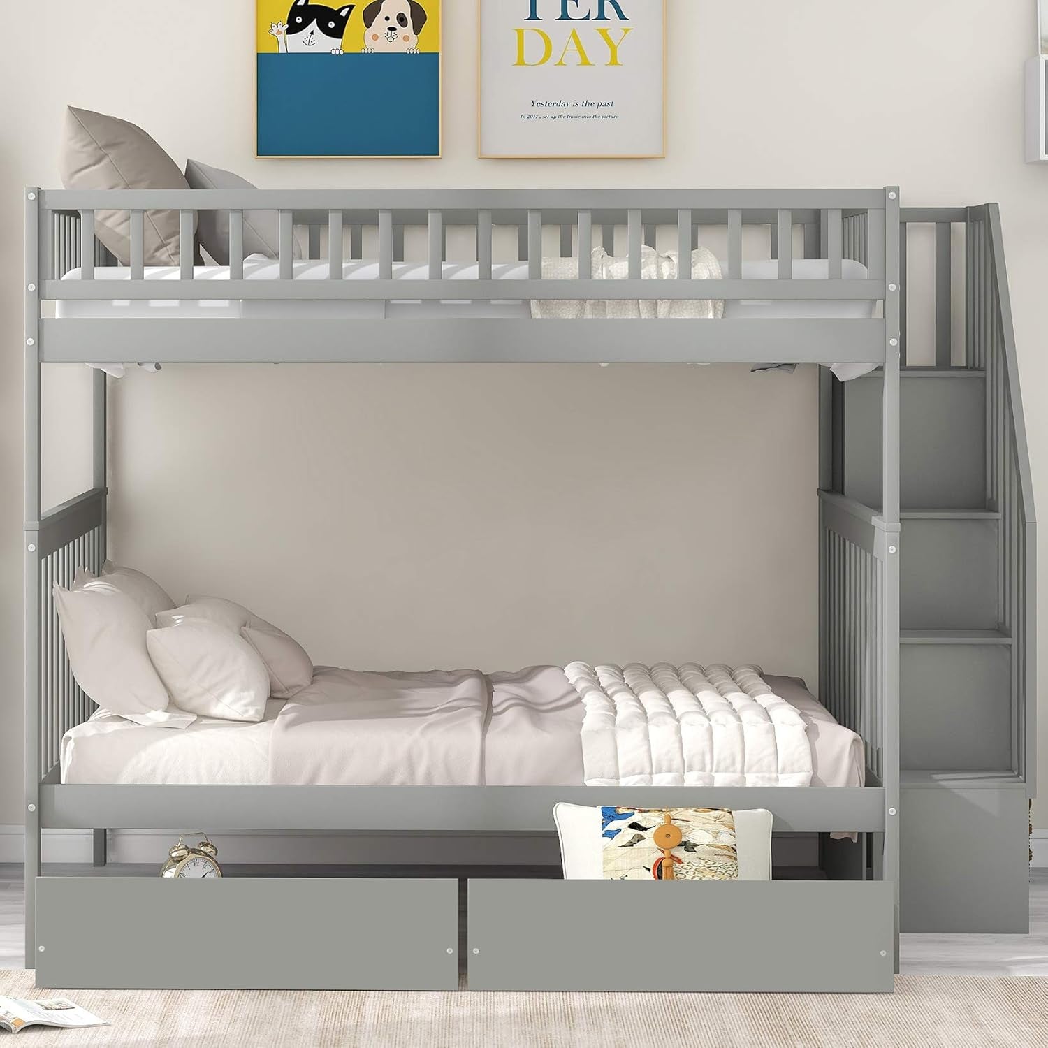 Bunk Beds Full over Full Size, Solid Wood Full Bunk Beds with Drawers and Stairway, Full Length Guardrail, No Box Spring Needed (Grey Full over Full Bunk Beds)