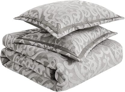 Tesla Cozy Comforter Set Jacquard Damask Medallion Design - All Season down Alternative Bedding, Shams, Bedskirt, Decorative Pillows, Queen (90 in X 90 In), Silver 6 Piece